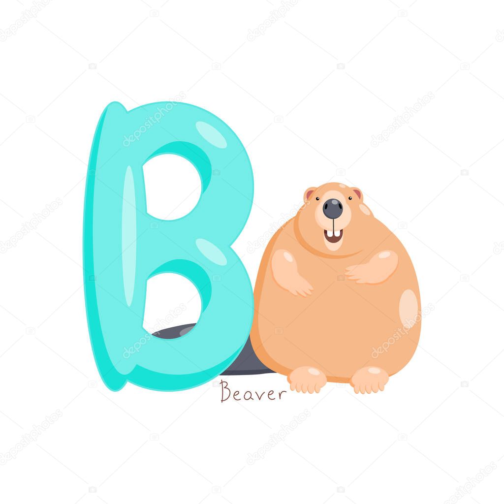Letter B. Childrens alphabet with a cute beaver. Vector illustration for learning English.