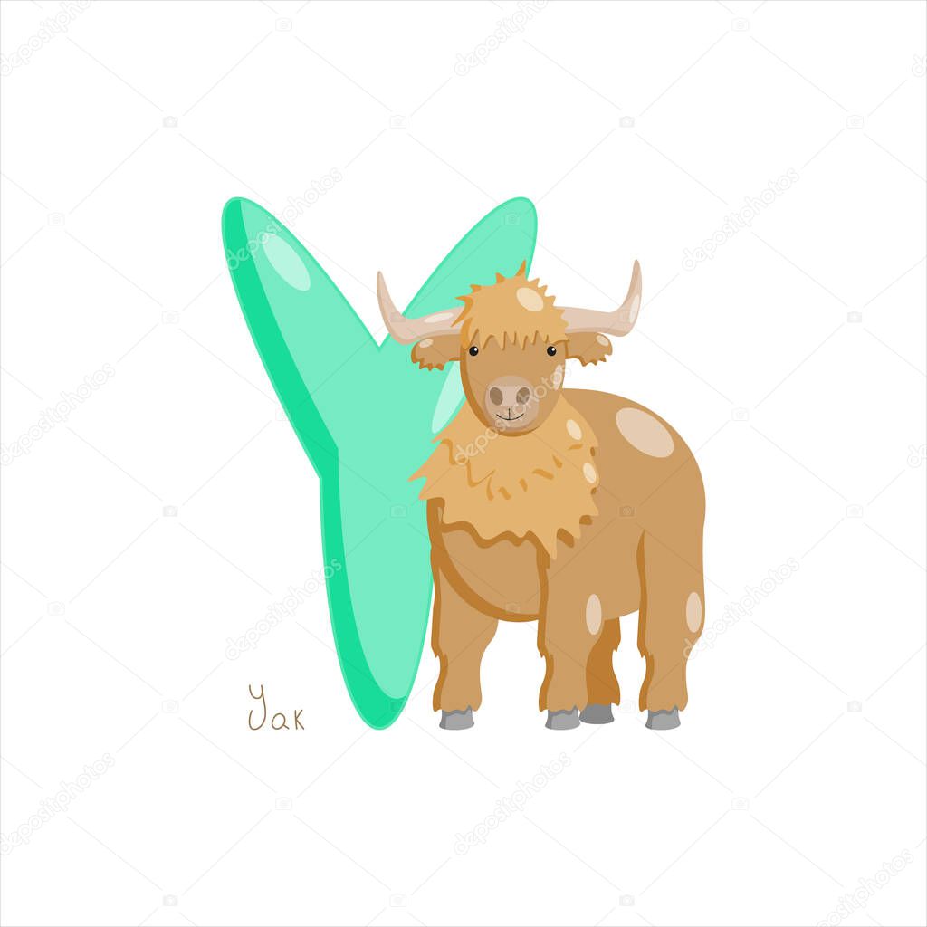 Letter Y. Childrens alphabet, cute yak. Vector illustration for learning English.