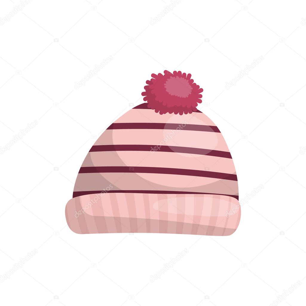 Knitted striped baby hat with red ponpon, winter warm clothes. Vector illustration