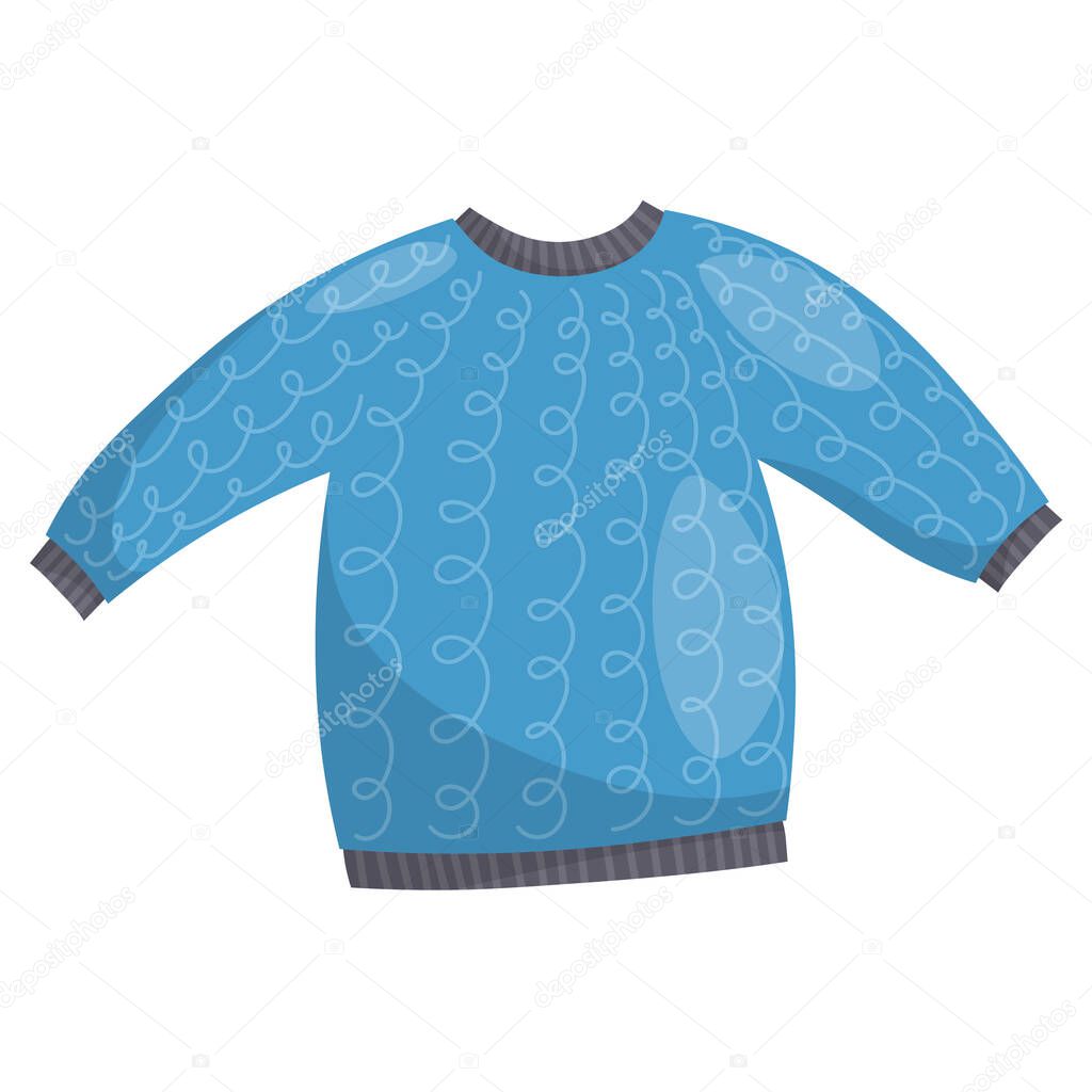 Cute blue knitted sweater, winter warm clothes. Vector illustration