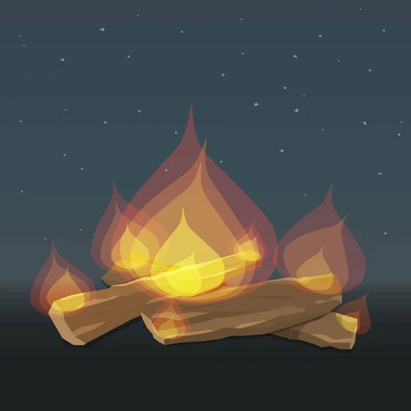 Een brandend kampvuur, tongen vuur op houten balken. Donkere achtergrond, nachtelijke sterrenhemel. Voor webdesign, briefkaarten. — Stockvector