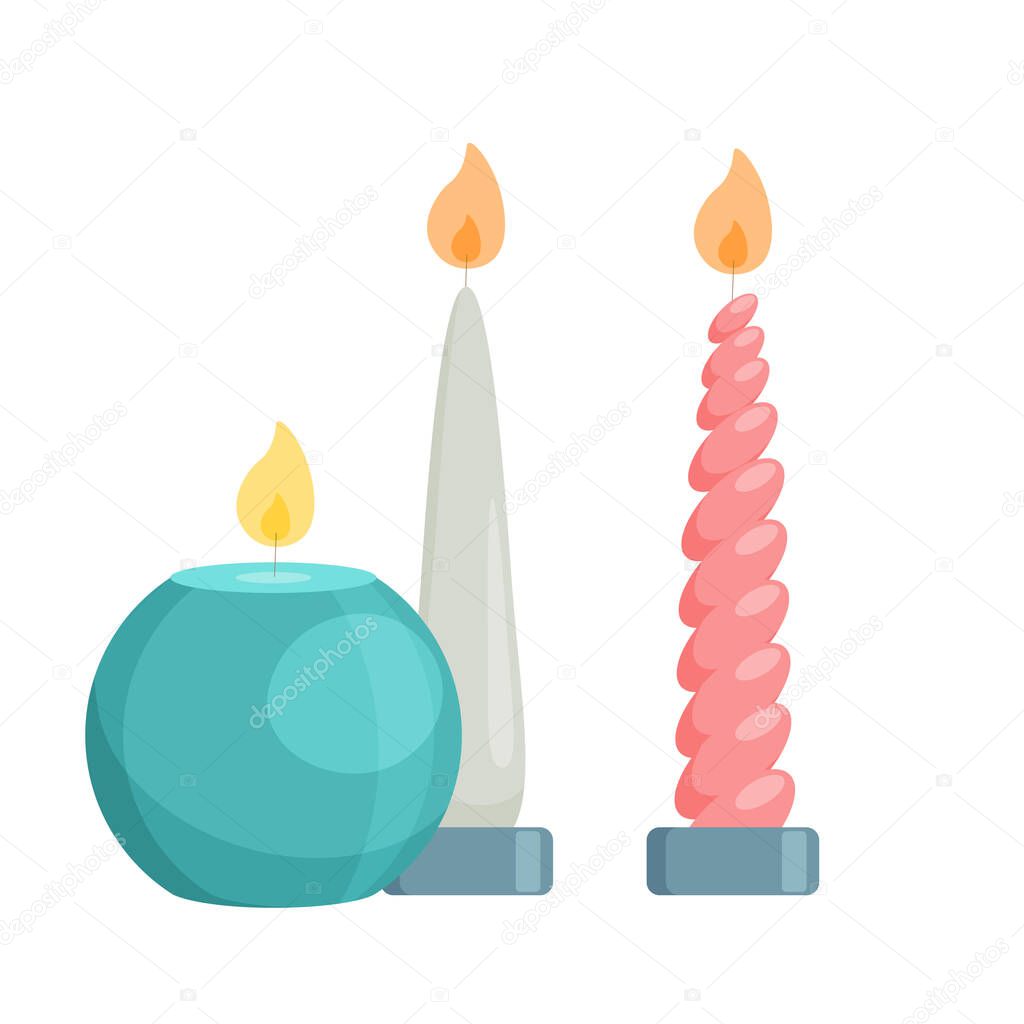 Aromatic burning wax candles, pink spiral, blue round, gray teardrop. Relaxation and recreation design element.