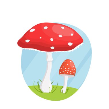 Düz illüstrasyon, kırmızı benekli sinekler çimlerde, bir tepede.