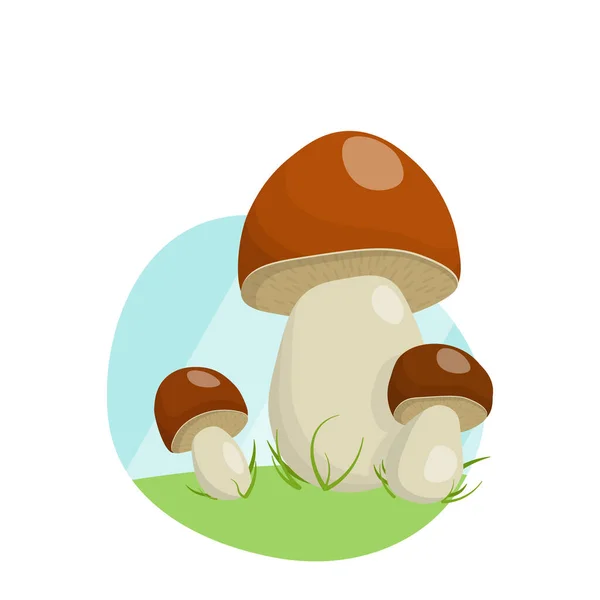 Flat illustration, orange-cap-mushroom in grass, on a hill. — Stock Vector