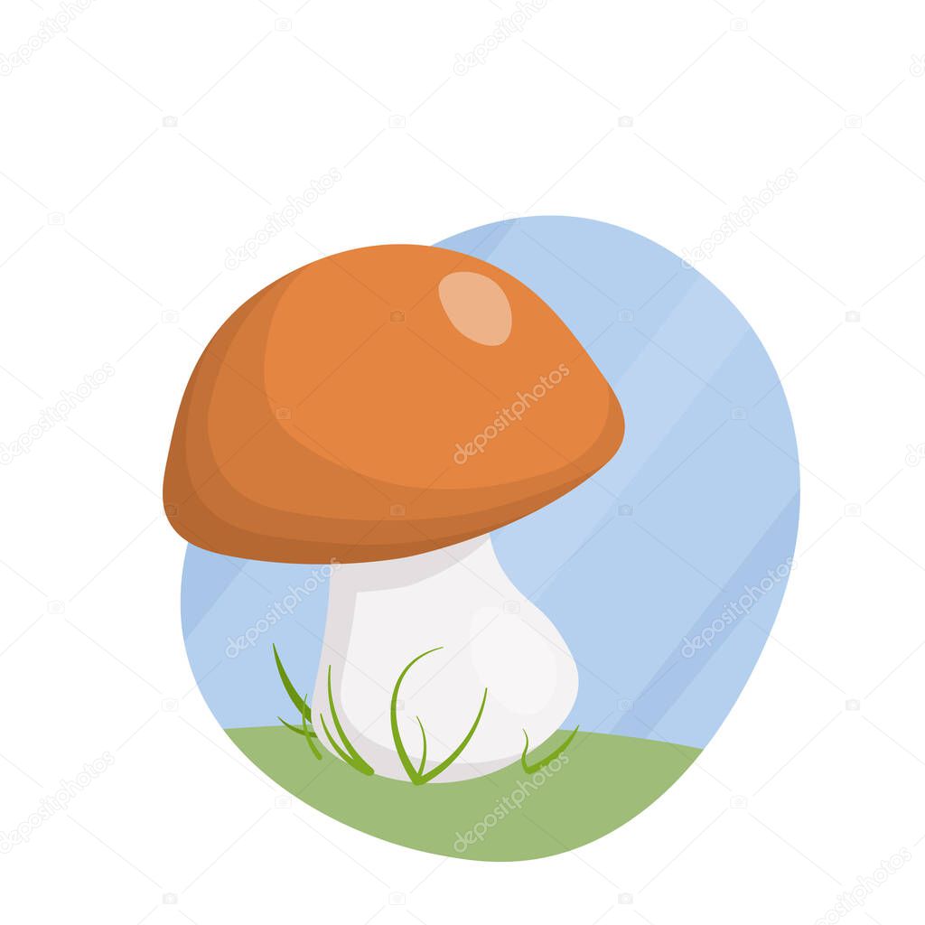 Flat illustration, orange forest mushroom in the grass, on the hill.