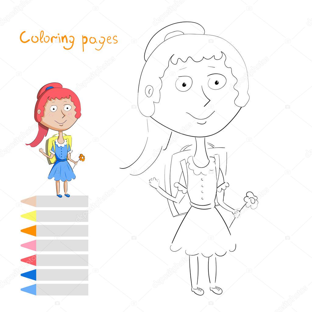 Childrens coloring pages.Beautiful little girl with a backpack.Vector design, childrens and school themes.