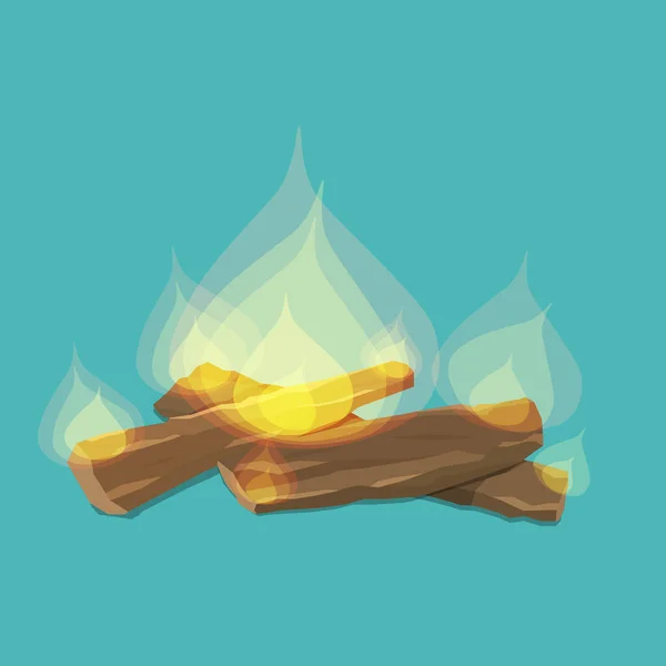 A burning bonfire, tongues of fire on wooden beams. Light turquoise background. For web design, postcards, brochures. — Stock Vector