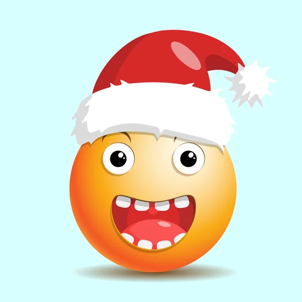 Újév emoji emoticon vidám egy mosollyal ünnepi piros kalapban — Stock Vector