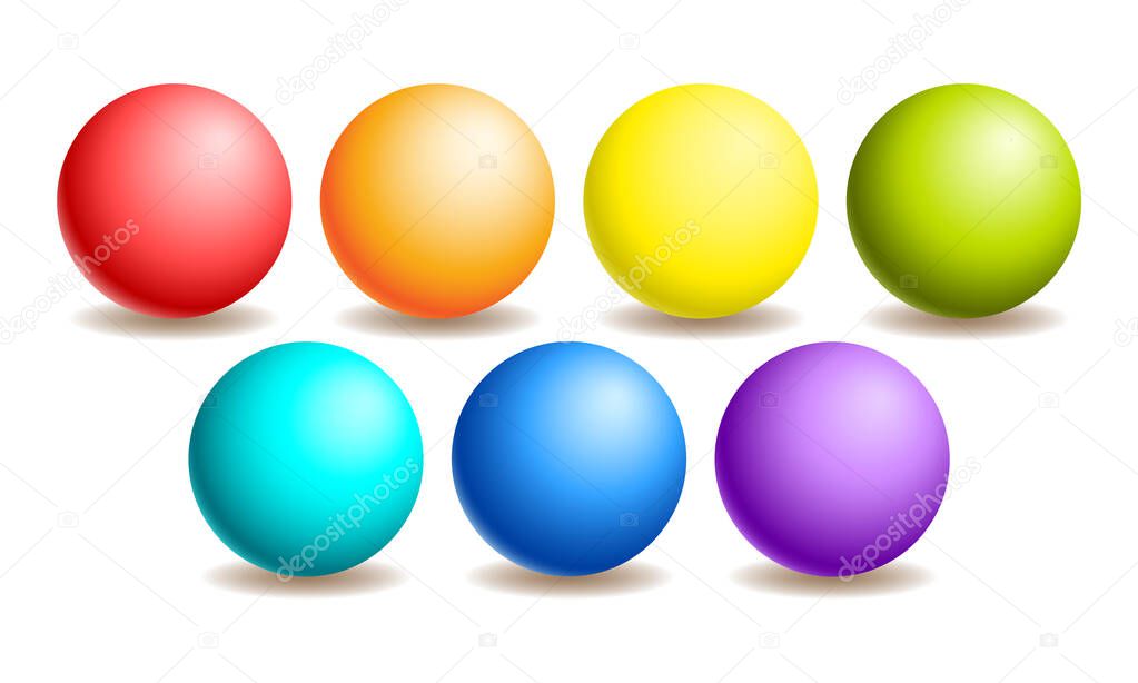 Set of volumetric and glossy spheres of rainbow colors on a white background.