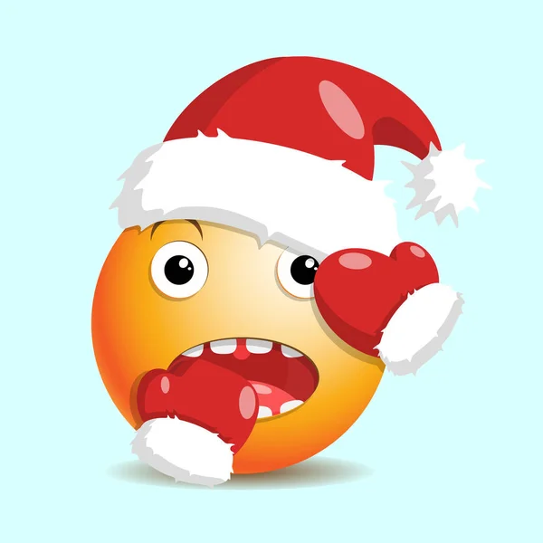 Karácsonyi terjedelmes megdöbbent emoji piros mikulás kalap és kesztyű. — Stock Vector