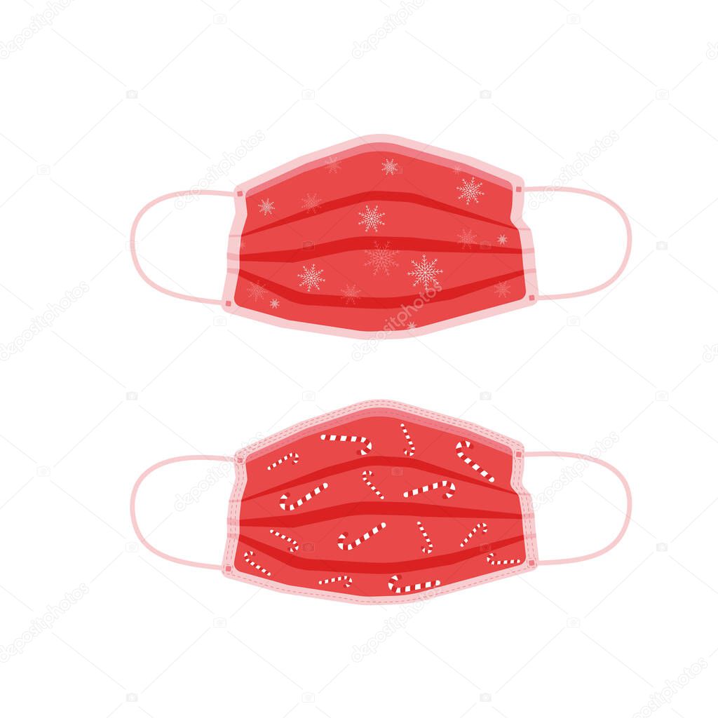 Christmas red medical masks with snowflakes and lollipops.