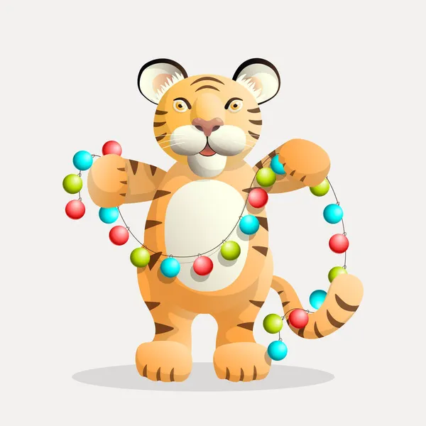 Boldog tigris karakter áll, és tartja a karácsonyi koszorú a mancsát. — Stock Vector
