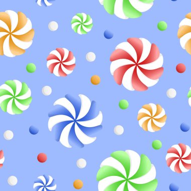 Yumuşak mavi arka planda çok renkli lolipopların kusursuz vektör çizimi. Noel tatlıları deseni.