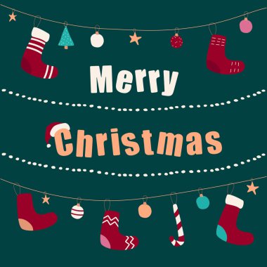 Mutlu Noeller 2022 Yeşil arka planda çelenkler, çoraplar ve oyuncaklarla dolu tebrik kartı.