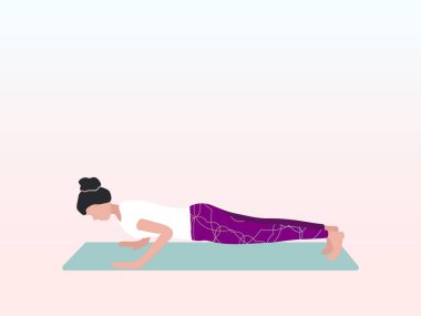 Yoga yapan kadın pozu ya da Chaturanga Dandasana. Poster, afiş, broşür, kartpostal, web sitesi için kullanılabilir. Isınma, gerinme..