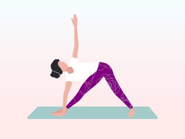 Kadın üçgen ya da Trikonasana pozunda yoga yapıyor. Poster, pankart, broşür, kartpostal, web sitesi için kullanılabilir.
