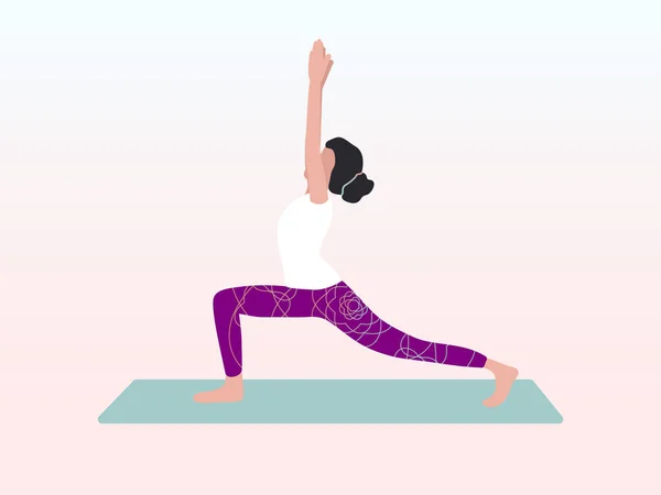 Donna che fa yoga in guerriero I o Virabhadrasana pongo. Può essere utilizzato per poster, banner, volantino, cartolina, sito web. — Vettoriale Stock