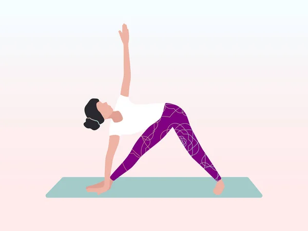 La donna pratica yoga nel triangolo o posa Trikonasana. Può essere utilizzato per poster, banner, volantino, cartolina, sito web. — Vettoriale Stock