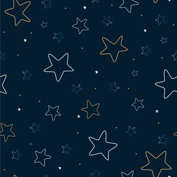 Sömlös bild mönster med stjärnor i vit, gul och blå färg på en mörk himmel bakgrund. — Stock vektor