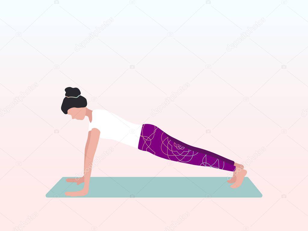 Woman is engaged in yoga in the pose of an extended plank. Can be used for poster, banner, flyer, postcard, website.