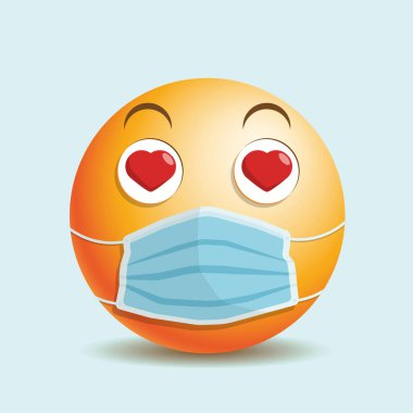 Emoji emojisi, gözlerde ve medikal maskede, kalplere aşık..