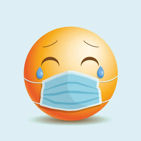 Emoji emoticon triste com os olhos fechados e lágrimas na máscara médica. —  Vetores de Stock