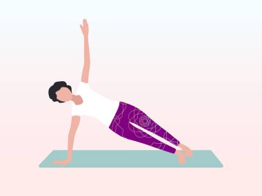 Bir kadın yoga yapıyor, yan tahtada ya da Vasishthasana pozisyonunda. Poster, pankart, broşür, kartpostal, web sitesi için kullanılabilir.