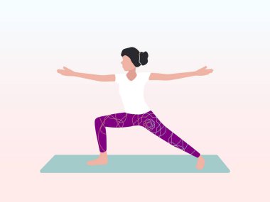 Bir kadın 2. Savaşçı ya da 2. Virabhadrasana pozisyonunda yoga yapıyor. Poster, pankart, broşür, kartpostal, web sitesi için kullanılabilir.
