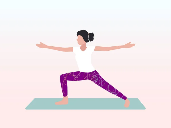 A woman is doing yoga in the pose of a warrior II or Virabhadrasana II. Can be used for poster, banner, flyer, postcard, website. — Vettoriale Stock