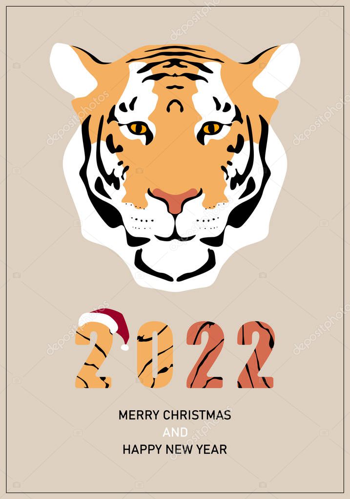 Merry Christmas and Happy New Year 2022 Congratulatory open with a tiger, poster, cover..