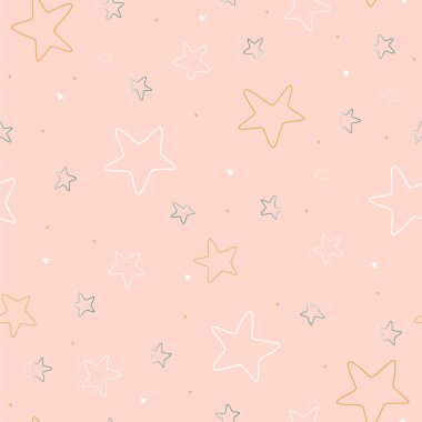 Pembe arka planda beyaz, sarı ve mavi yıldızlı desensiz resim..