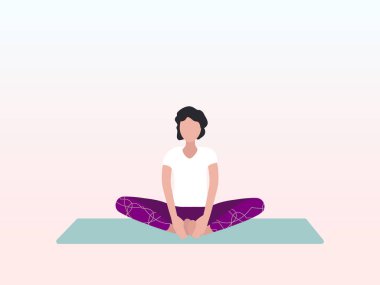 Bir kadın, bağlı açıyla ya da Baddha Konasana pozuyla yoga yapıyor. Poster, pankart, broşür, kartpostal, web sitesi için kullanılabilir.