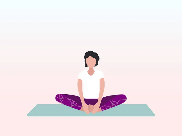 Een vrouw beoefent yoga in de gebonden hoek of Baddha Konasana houding. Kan gebruikt worden voor poster, banner, flyer, ansichtkaart, website. — Stockvector