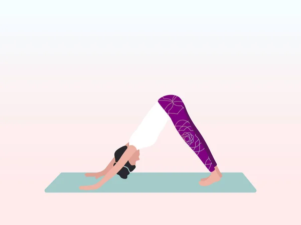 A woman practices yoga in a downward-facing dog or Adho Mukha Shvanasana pose. Can be used for poster, banner, flyer, postcard, website. — Vettoriale Stock