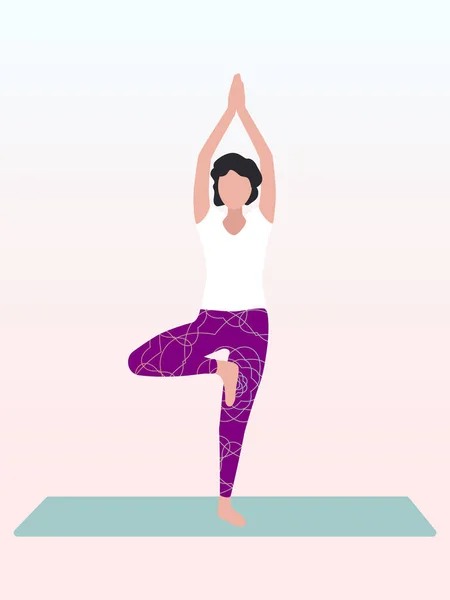 A woman practices yoga in a tree pose or Vrikshasana. Can be used for poster, banner, flyer, postcard, website. — Vettoriale Stock