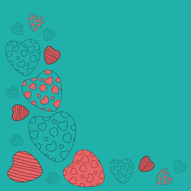 Sevgililer Günü için zümrüt zümrüt zemininde desenleri olan kırmızı kartpostallı doğrusal kalpler..