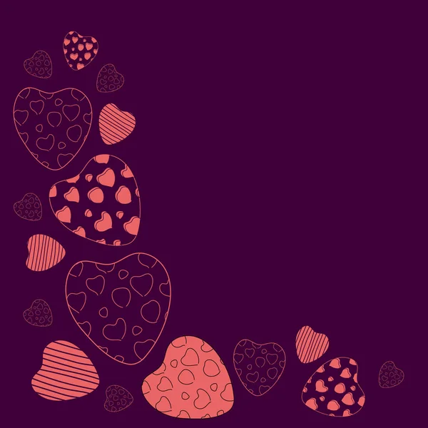 Sevgililer Günü için mor arkaplanda desenleri olan kırmızı kartpostallı doğrusal kalpler..