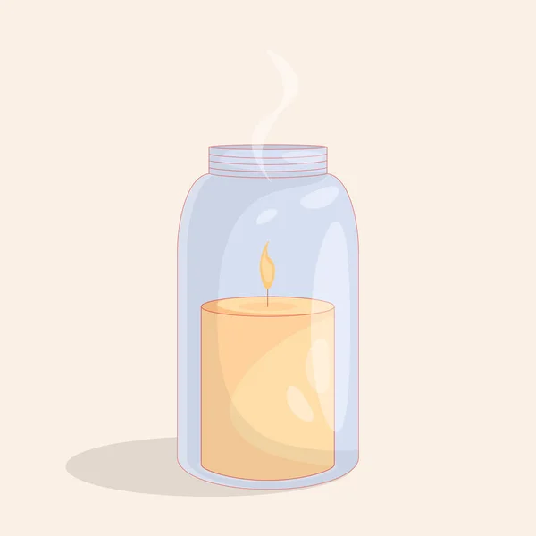 Illustratie van een brandende gele kaars in een glazen pot met een omtrek met rook. — Stockvector