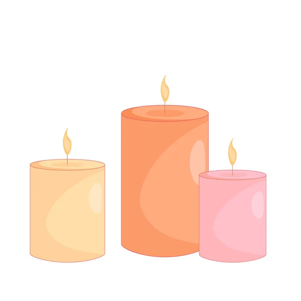 Illustration of burning three candles in yellow, orange and pink colors with an outline — Stock Vector