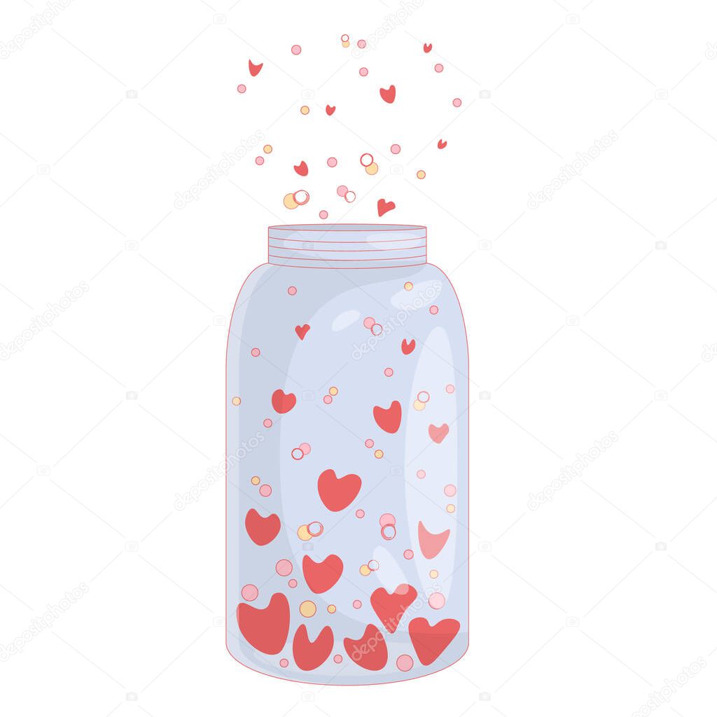Illustration of confetti and hearts in a jar for valentines day.