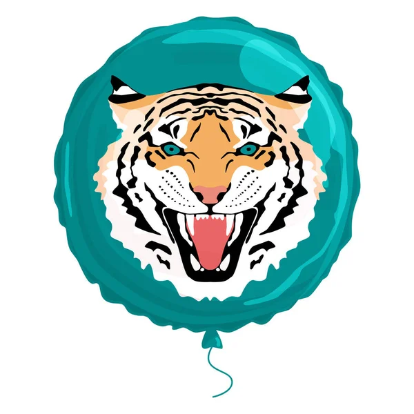 Tigris agyarakkal egy kerek fólia lufin. csomagoláshoz, hátterekhez és ünnepekhez. — Stock Vector