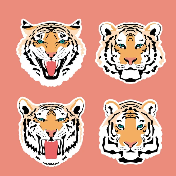 Tijgerkop stickers uitgesneden langs de contour, de tijger is een symbool van 2022. — Stockvector