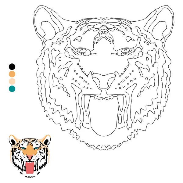 Livre de coloriage pour enfants et adultes, tête de tigre avec crocs avec exemple de couleur. — Image vectorielle