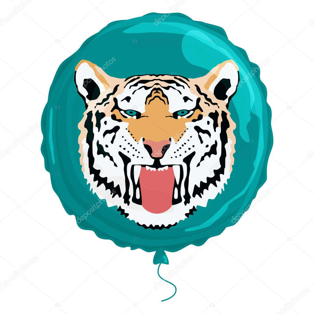 Predatory tiger on a round foil balloon. for packaging, backgrounds and holidays.