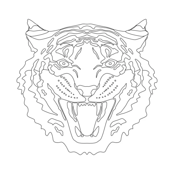 Lineáris kép feje egy vad tigris agyarak, kifestőkönyv gyerekeknek. — Stock Vector