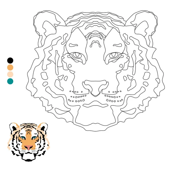 Kleurboek voor kinderen en volwassenen, leuke tijgerkop met kleur voorbeeld.j — Stockvector