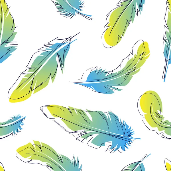 Pattern seamless illustration with blue-yellow feathers and light stroke Rechtenvrije Stockillustraties