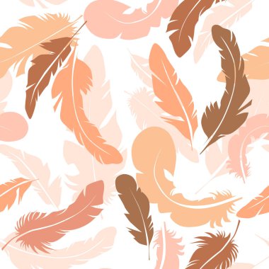 Beyaz arka planda turuncu tonların farklı şekillerde tüyleri, pürüzsüz desen