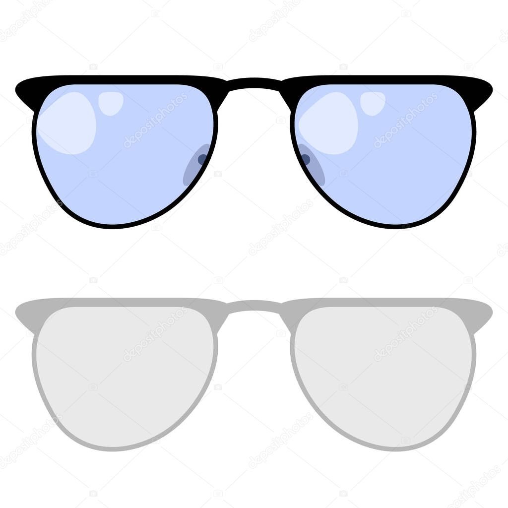 Vector illustration of glasses with black frames and blue glass with flare on a white background with shadow. Vector illustration