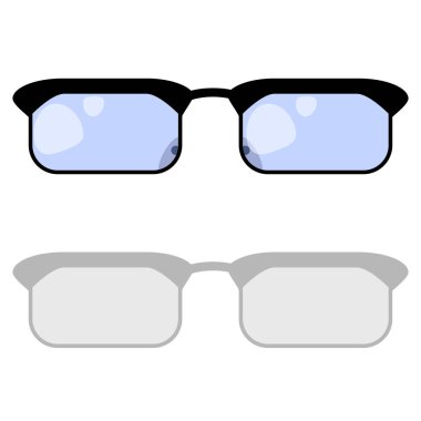 Kalın siyah çerçeveli dikdörtgen gözlüklerin ve gölgeli beyaz arka planda mavi camların vektör çizimi. Vektör illüstrasyonu